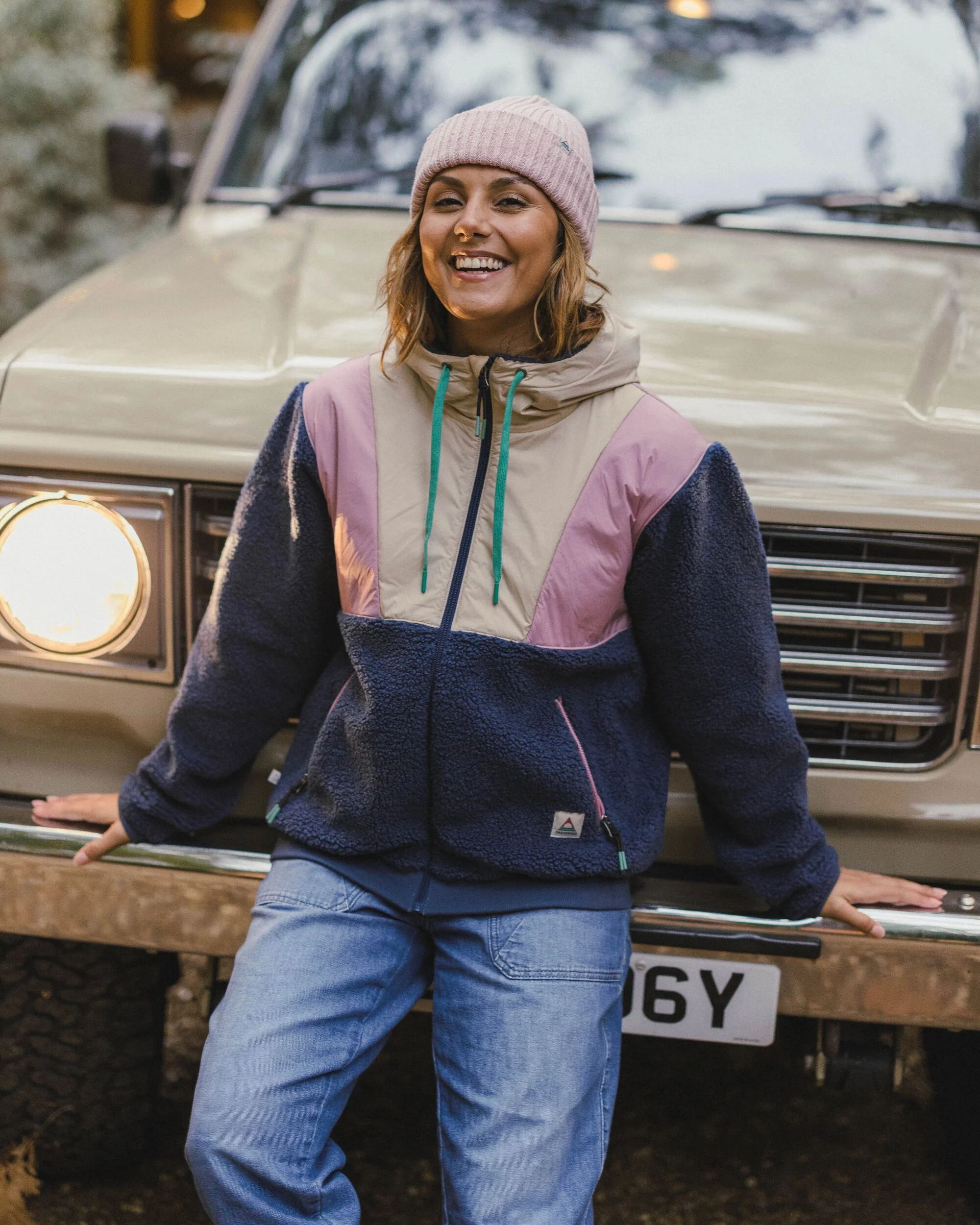 Joy Full Zip Hooded Sherpa Fleece - Dark Denim/Feather