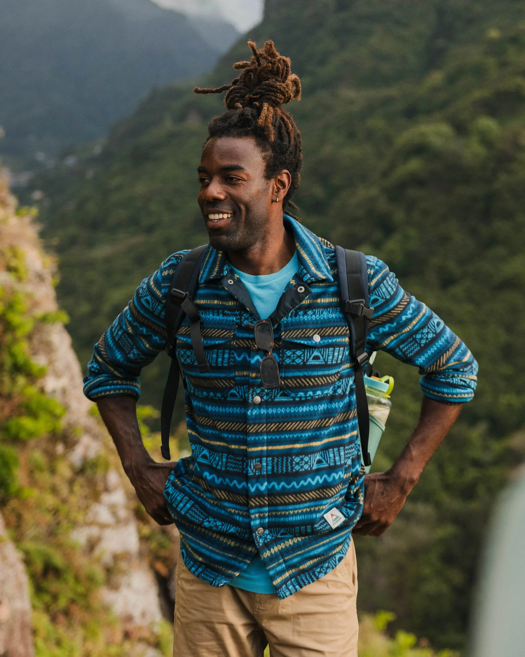 Maple Polar Fleece Shirt - Patchwork Stripe Tidal Blue