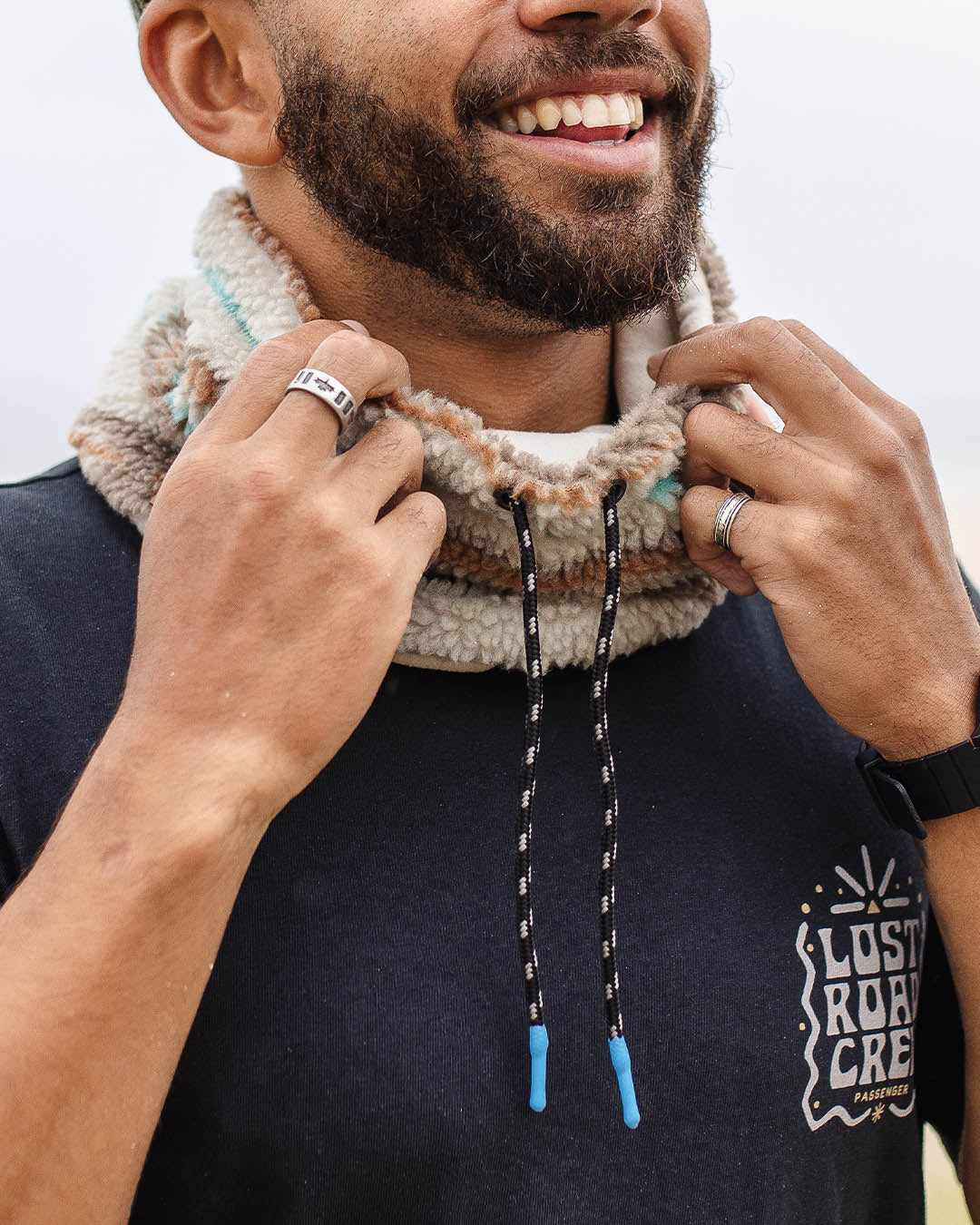 Mulled Sherpa Fleece Snood - Warm Ivory Geo Pattern - Image 7