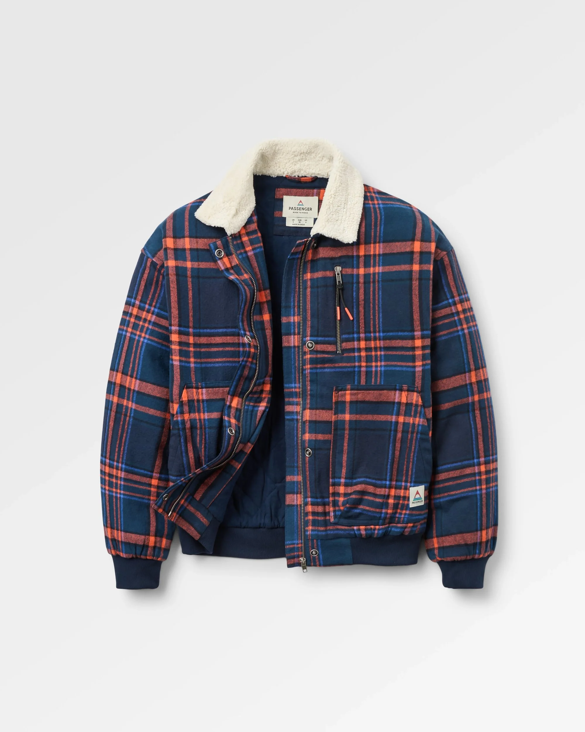 On The Go Insulated Bomber Jacket - Rich Navy/Ember Orange Check - Image 2