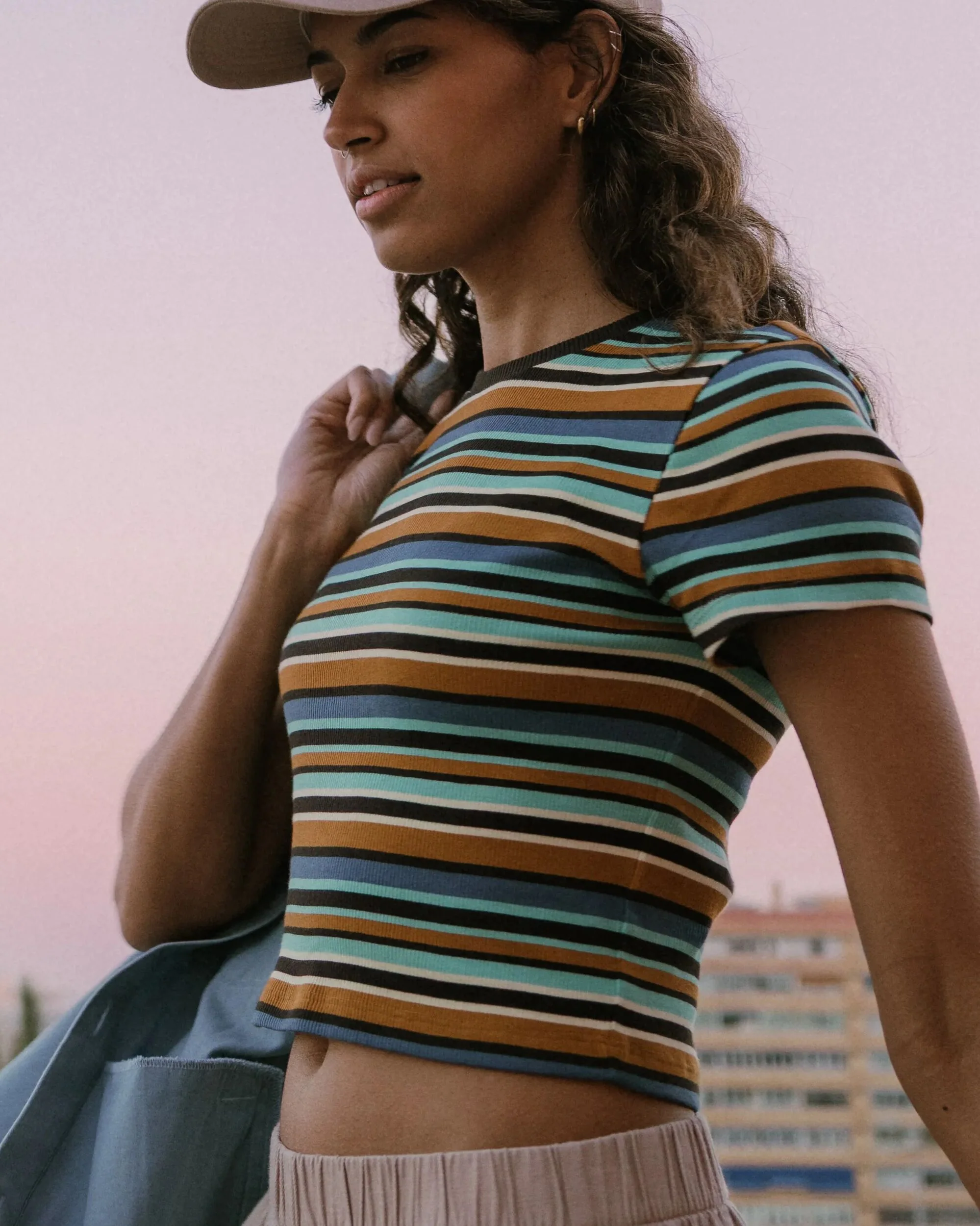 Out There Ribbed Cropped T-Shirt - Espresso Multi Stripe