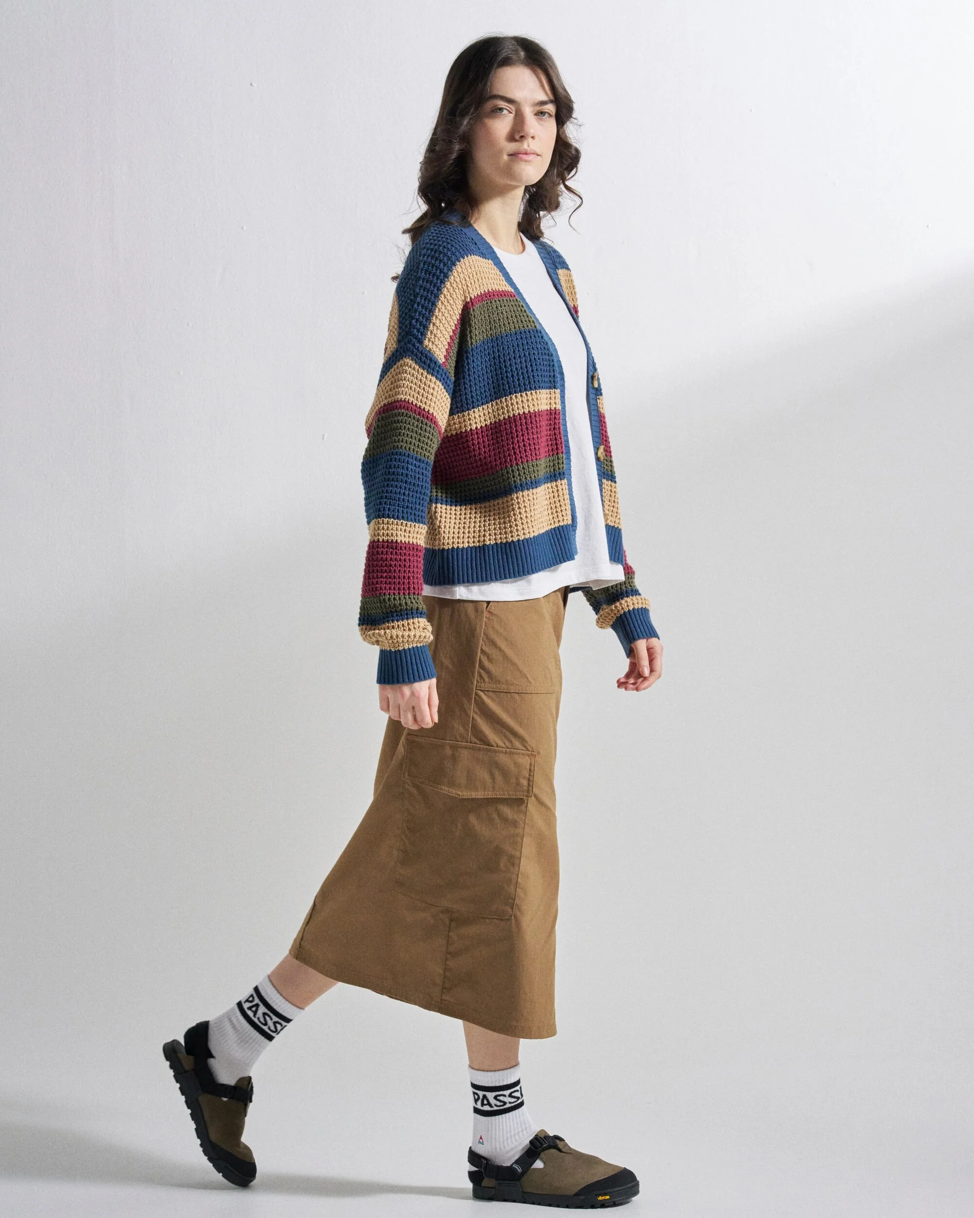 Reflection Open Knit Stripey Cardigan - Dusty Olive Multi Stripe - Image 3