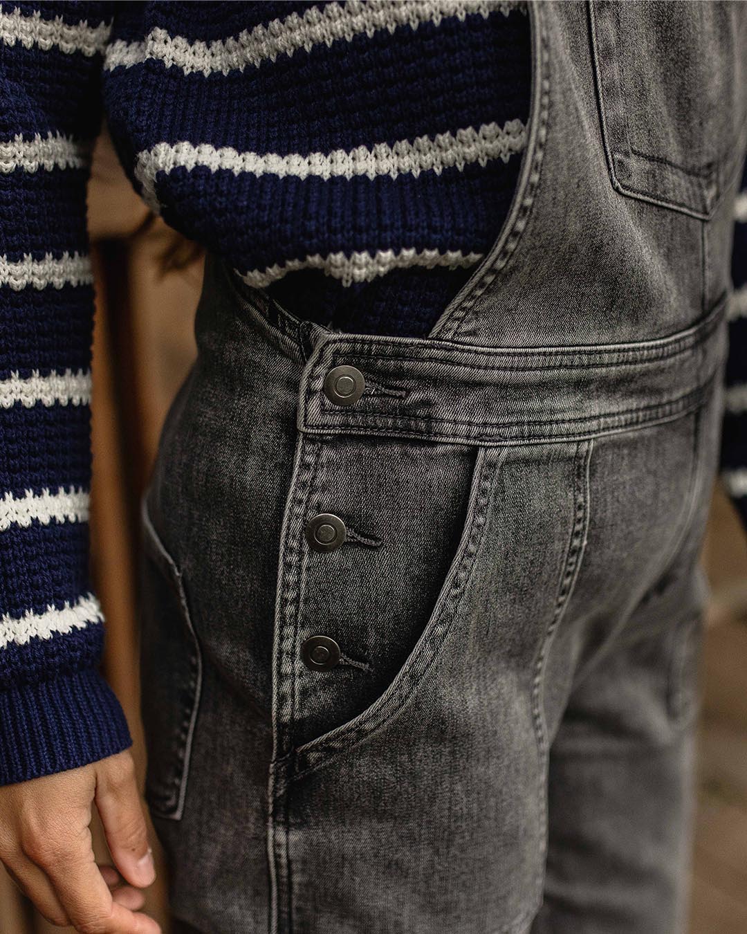 Roamist Organic Cotton Dungarees - Washed Black Denim - Image 11