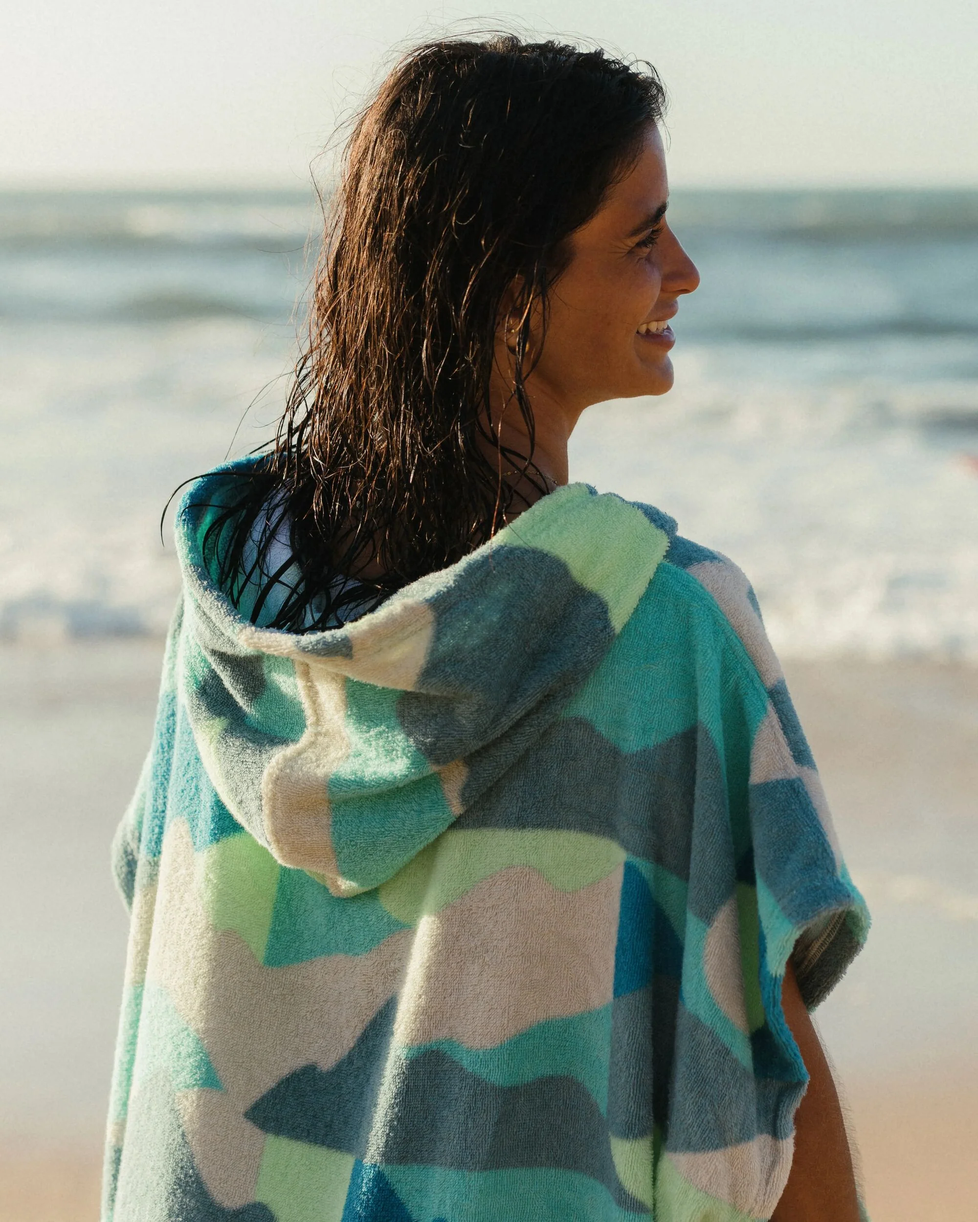 Shoreline Cotton Towel Poncho - Vista Patchwork Aqua - Image 4