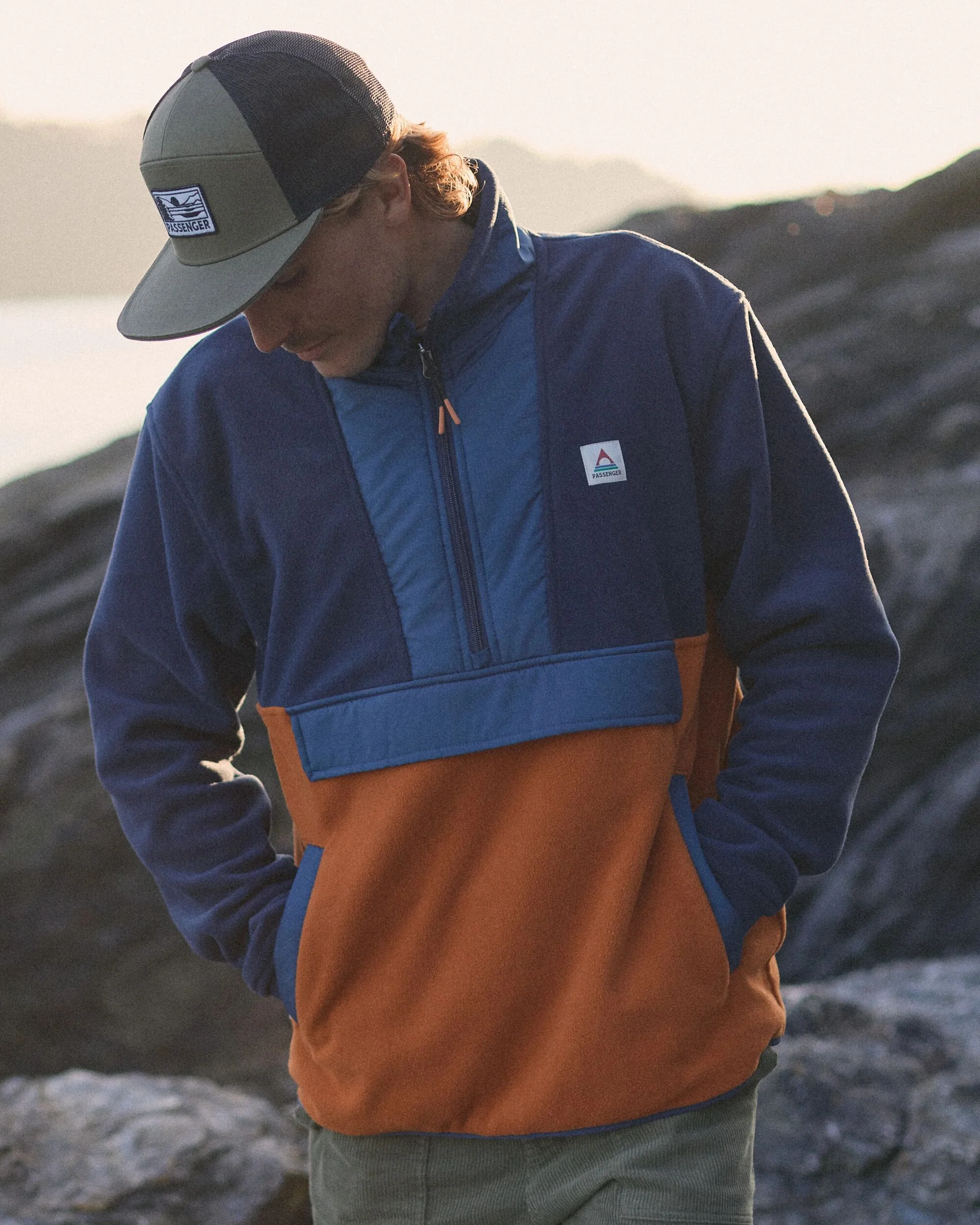 Woodland Hoodless Polar Fleece - Rich Navy/Sunset Orange